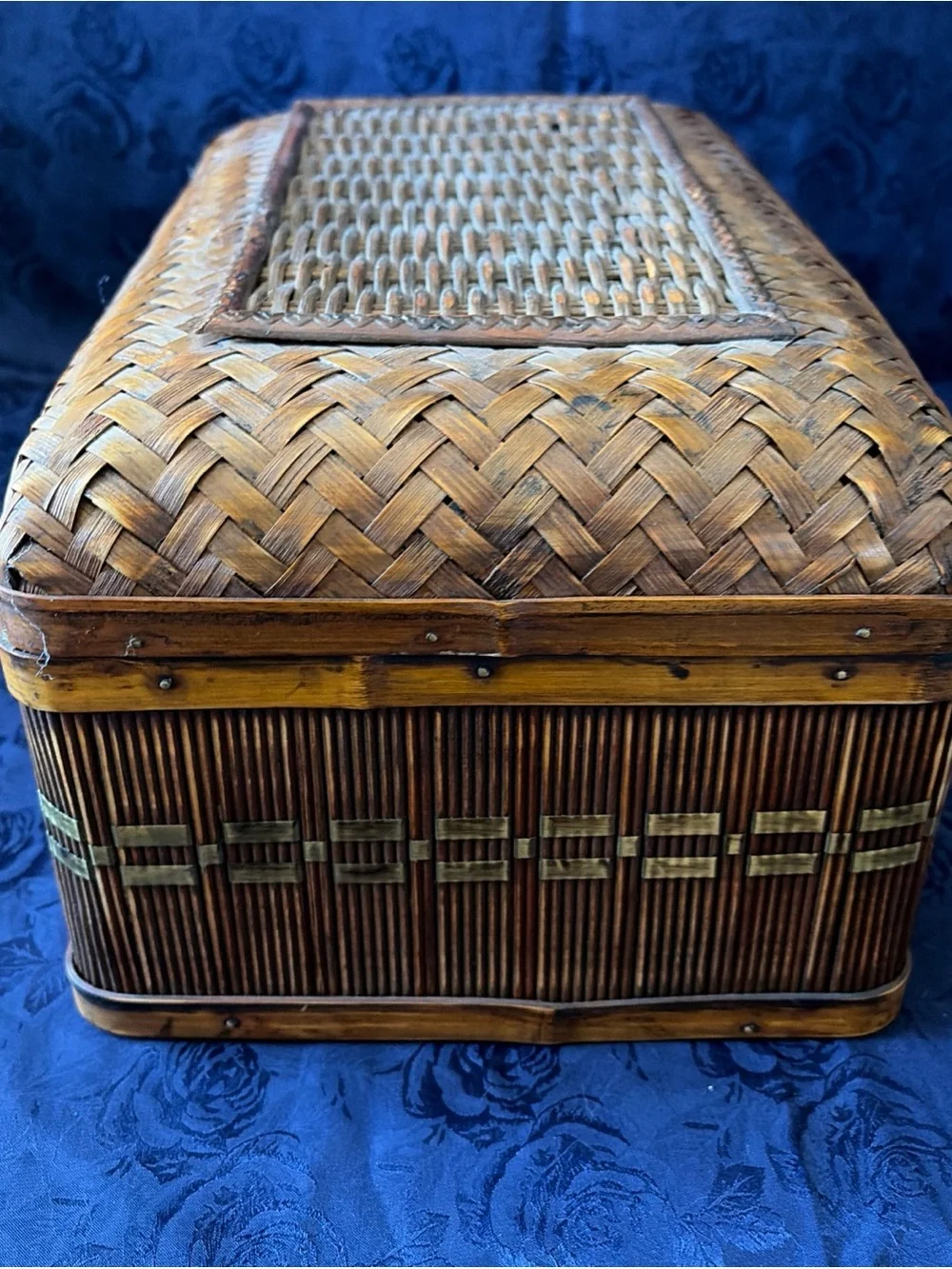 VTG Handwoven Rattan & Bamboo Trinket Box W/Metal Latch-13”x8.5”x7”